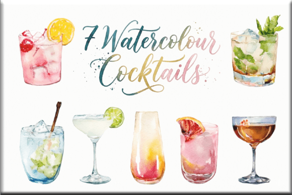 7 Watercolor Cocktail Clipart Bundle PNG
