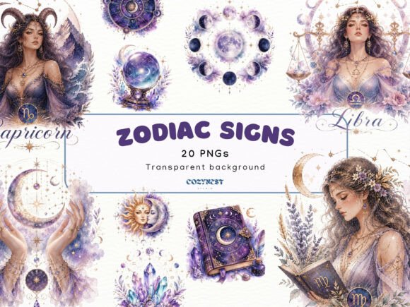 Elevating Brand Identity with Zodiac Sign Watercolor Clipart Astrology