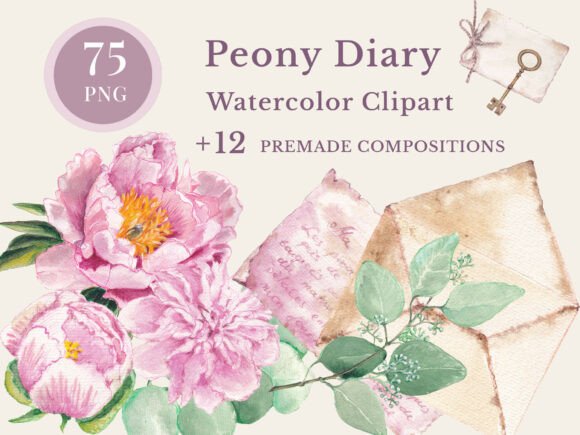 Peonies Diary Watercolor Clipart Guide