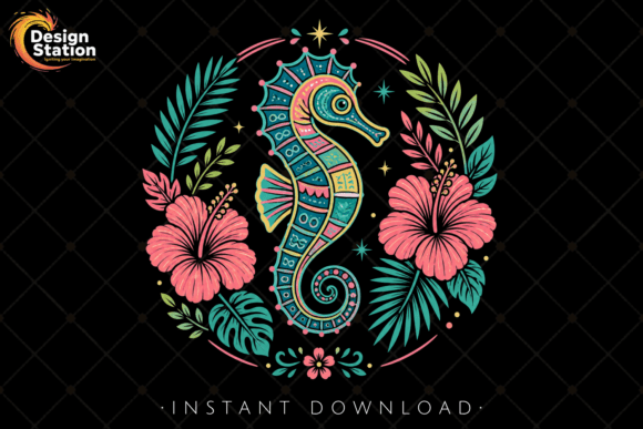 Tropical Boho Seahorse Floral PNG: Elevating Coastal Design with Modern Digital Art