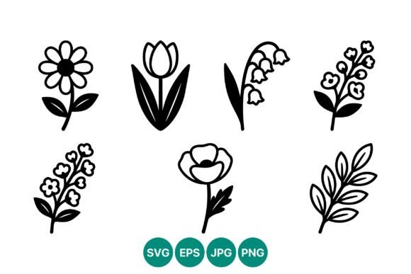Vector Line Art Flowers Set with Simple Icons