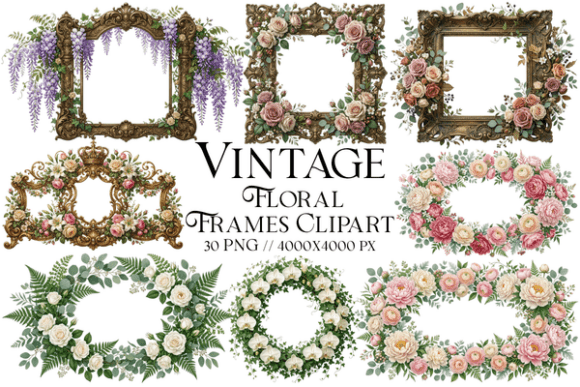 Vintage Floral Frames Clipart Bundle