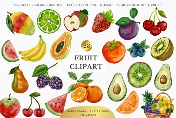 Whimsical Watercolor Fruits Clipart Set